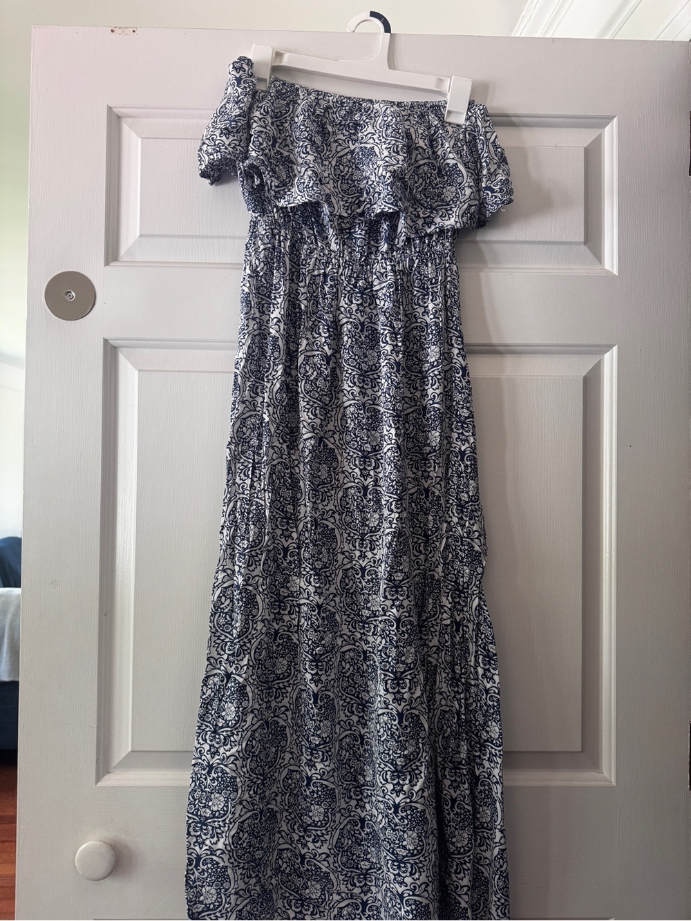Off-Shoulder Navy and White Printed Maxi Dress